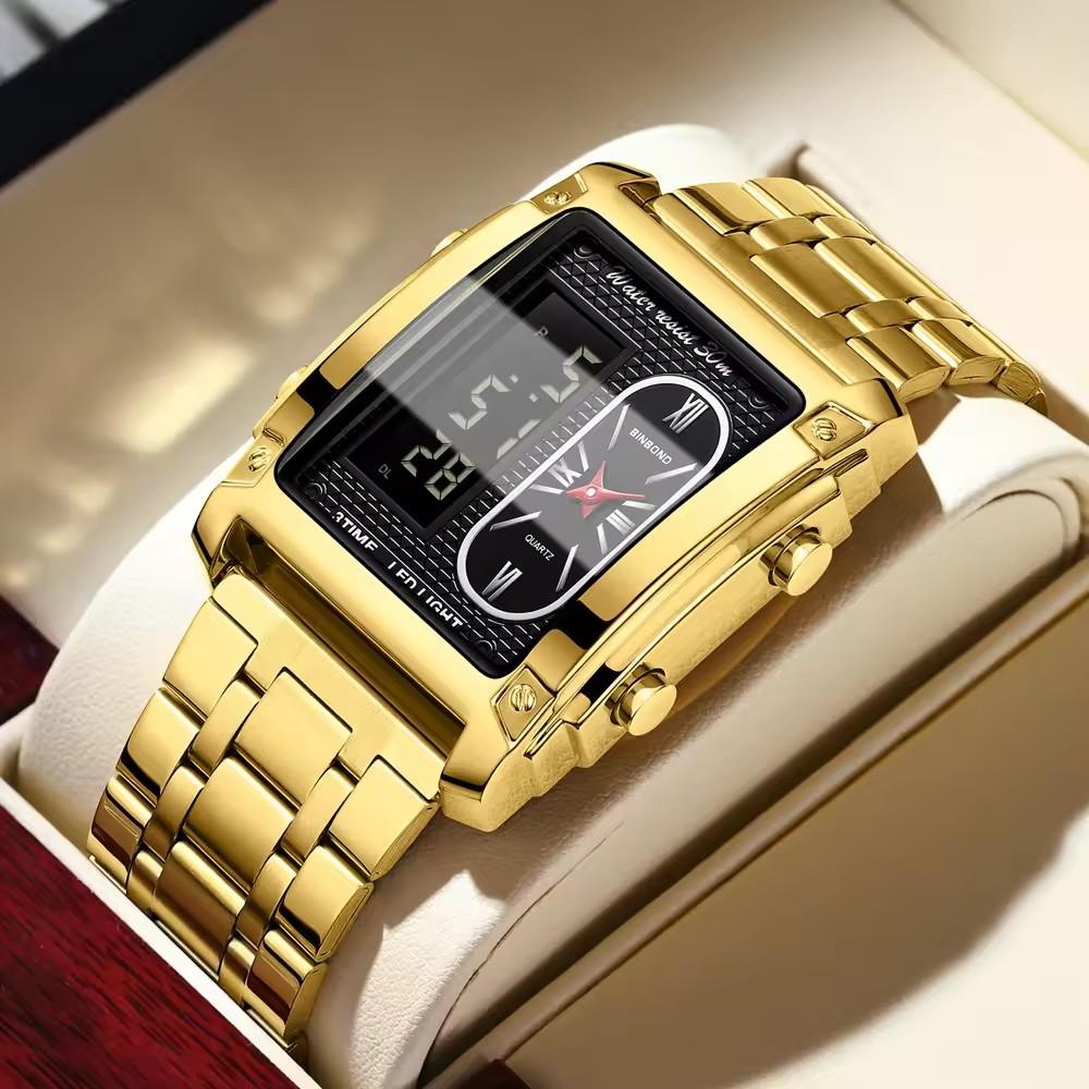 Binbond 2311 B2311 Gold Square LED Luxury Watch Fashion Quartz Digital Wristwatch Stainless Steel Business Watches for Men Reloj