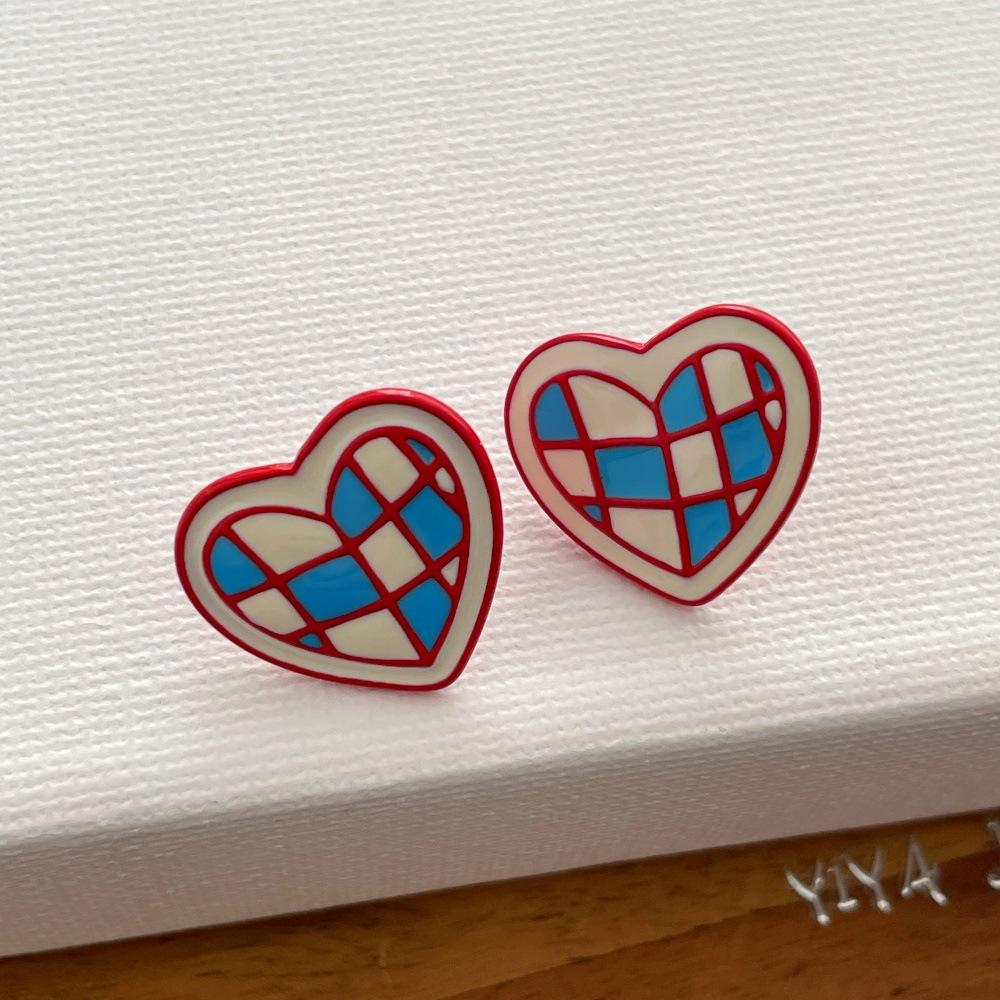 INS Stylish Statement Earrings For Women Multi Color Gridiron Plaid Enamel Metal Heart Shape Stud Casual Daily Fashion Jewelry