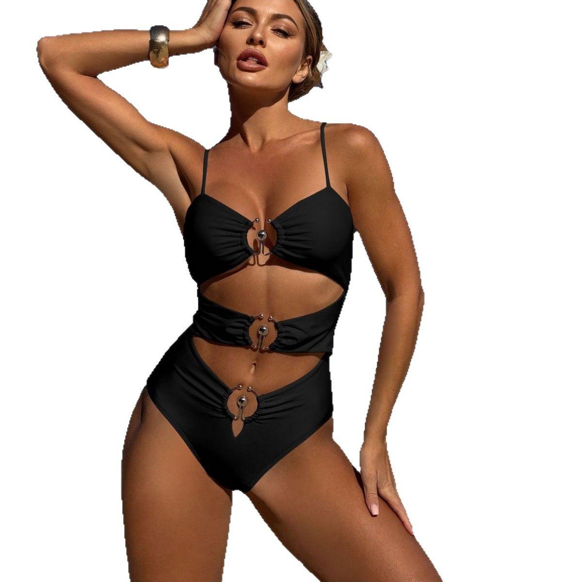 

2026 Metal Ring Steel Nails Tube Top Bikini Hollow Hollow One-piece Swimsuit L