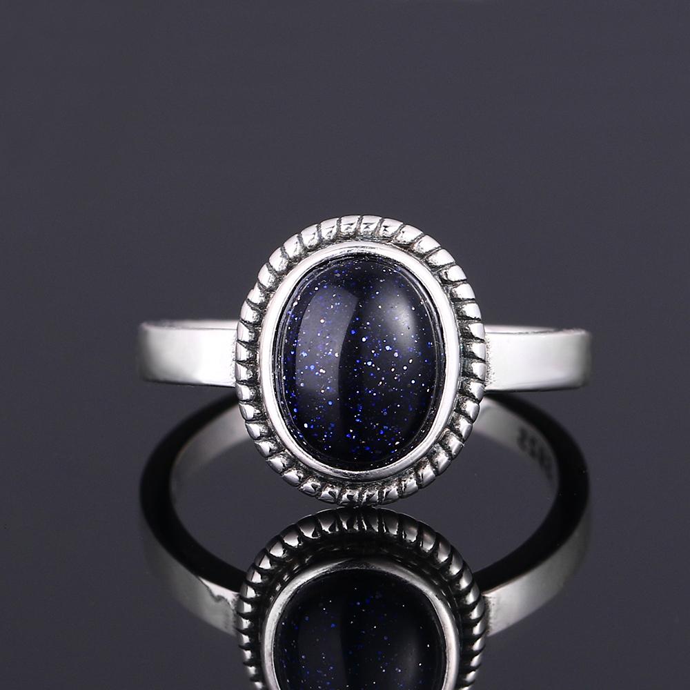 S925 Silver Ring for Women Oval Round Dropwater Natural Blue Sandstone Ring Gift Sun Shaped Retro Luxury Fine Jewelry