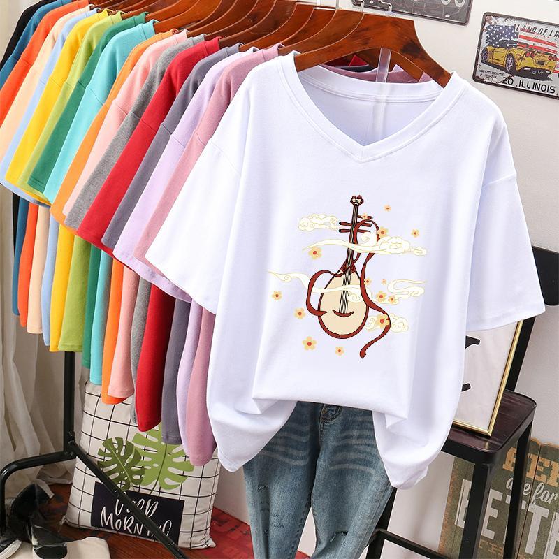 

Футболка с коротким рукавом для женщин большого размера, свободного и стройнящего дизайна, нишевый топ из чистого хлопка с V-образным вырезом, закрывающий живот S белый