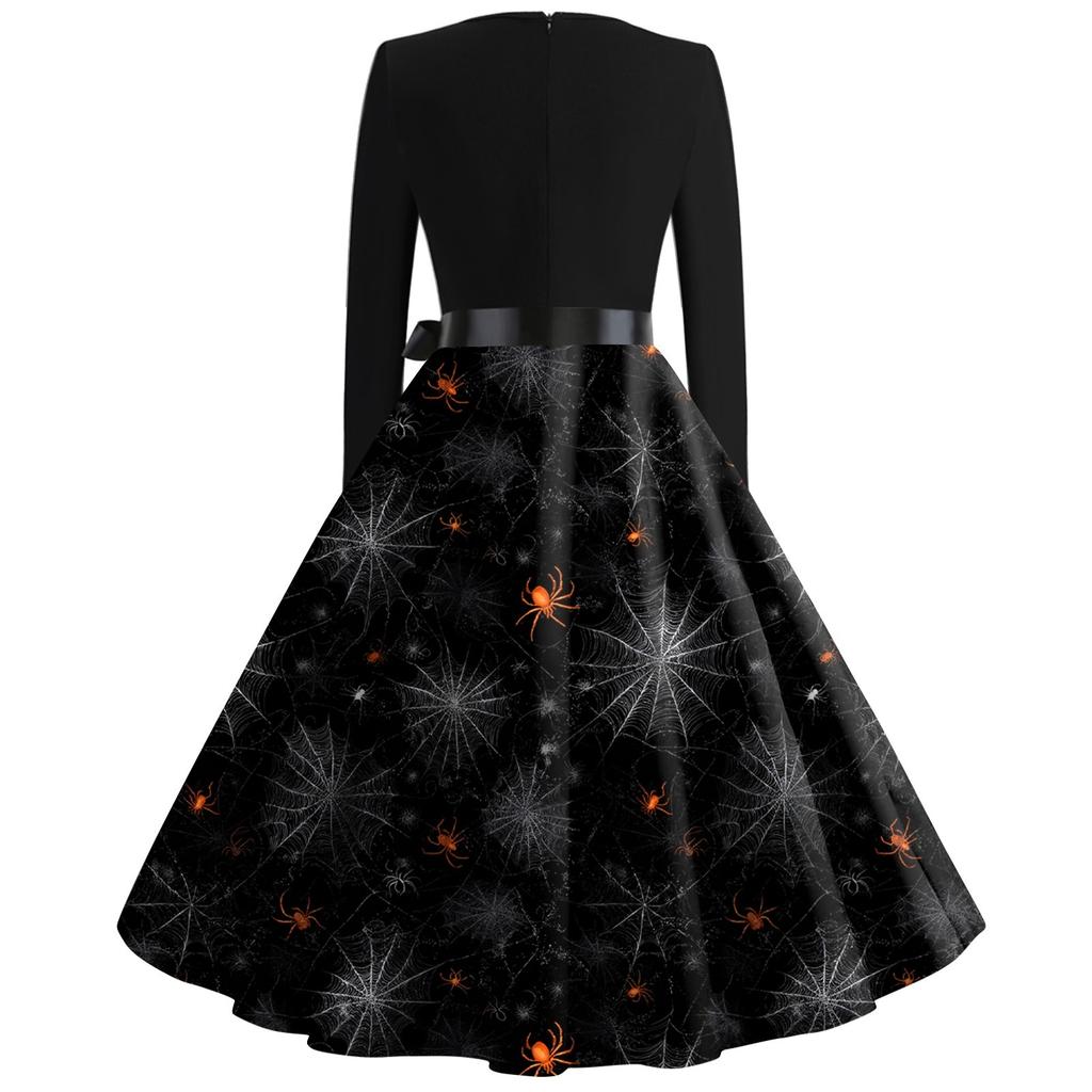 Women's Casual Fashion Long Sleeve Halloween Graphic Printed Vintage Long Dresses