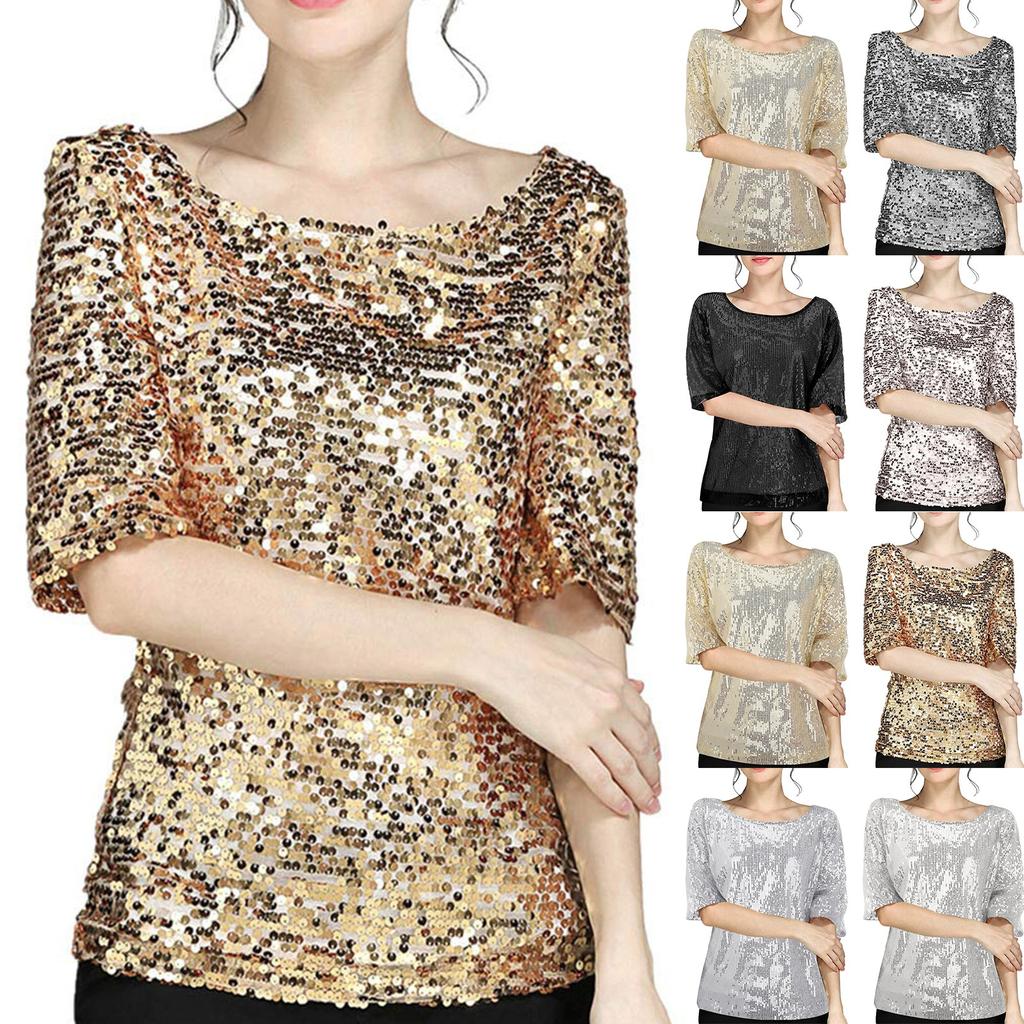 Women's Solid Color Sequined Round Neck Loose Casual Short Sleeve T-Shirt Top