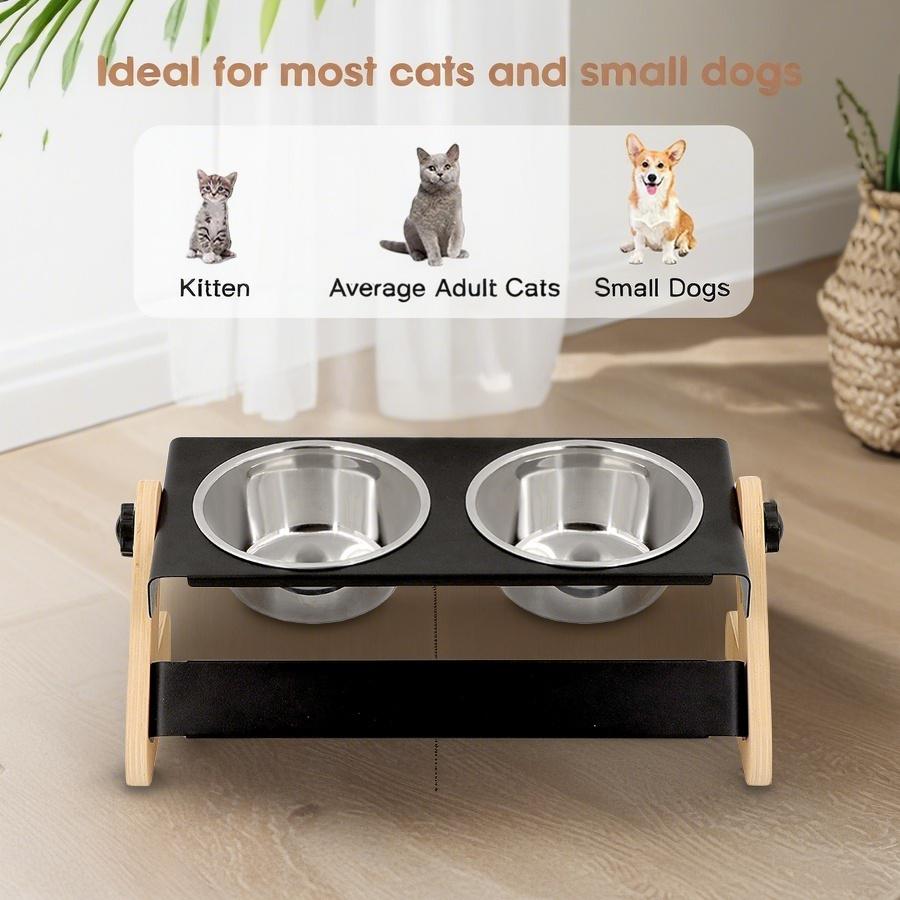 Elevated Pet Feeder Dog Cat Bowls Stainless Steel For Food And Water Wooden Frame