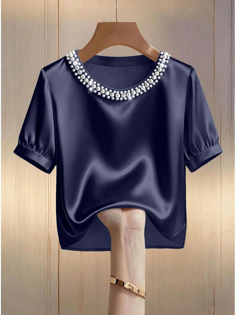 Women's Stylish Pearl Collar Satin T-Shirt: Short-Sleeve, Round Neck, Summer Fashion.