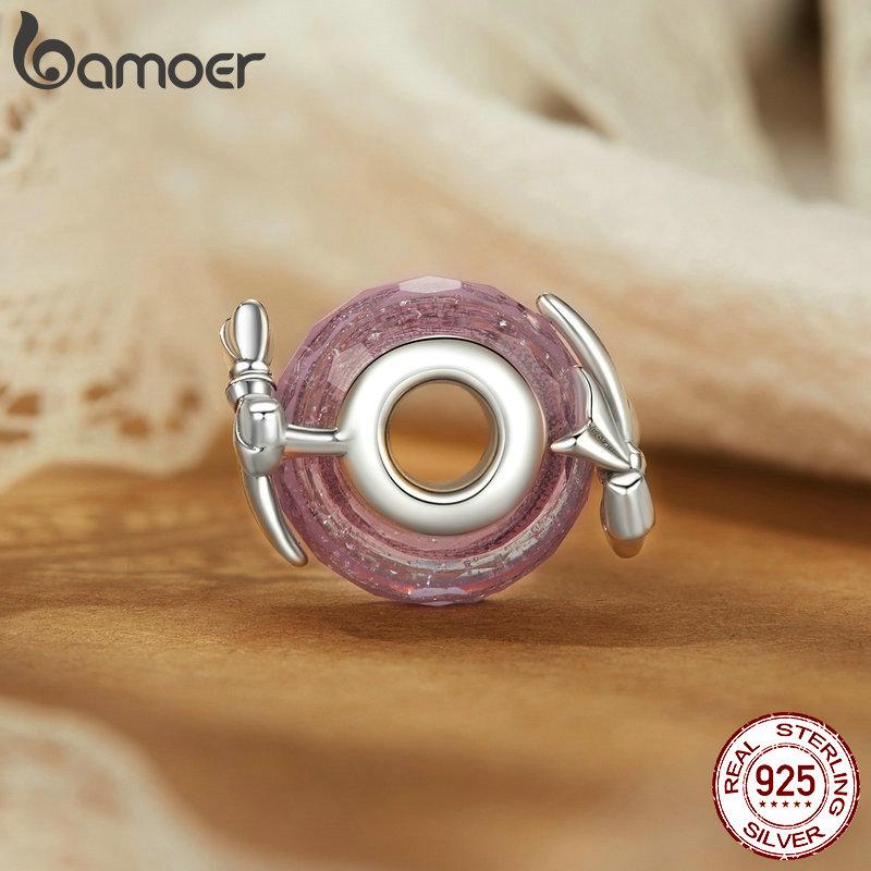 BAMOER Solid 925 Sterling Silver Bowknot Murano Charm Bead fit Original Bracelet DIY Bamoer Charm for Jewelry Making