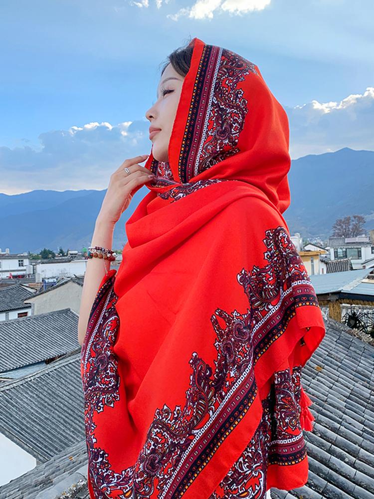 Nieuwe Zomer Elegante Dames Zijden Sjaal Strand Wrap Sjaal Vintage Rode Print Dame Zonwerende Bandana Lange Hijab Mujer Boho Sjaal Pareo