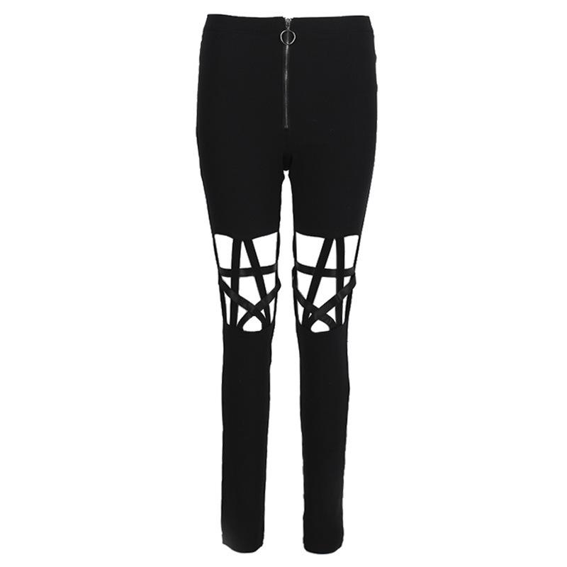 

Готические панк брюки женские клетчатые пэчворк шикарные пентаграмма полые эластичная резинка леггинсы женские облегающие стрейч брюки-карандаш S