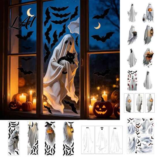 PVC Glass Clings for Bedroom Halloween Ghost Window Stickers Removable Wall Decals Peel And Decorative Stickers Clean Surfaces Stick Self-Adhesive