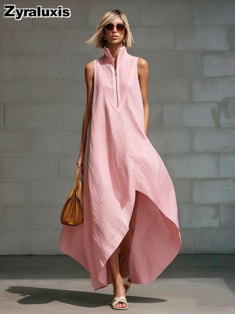 New  Fashion Minimalist Sleeveless Zippered Loose Cotton Linen Dress for Women