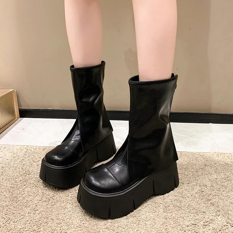 Mode Herbst Motorrad Damen Stiefeletten Street Goth Plateau Rock Chunky Heels Punk Designer Schuhe Ritter Kurze Stiefel Frau Winter