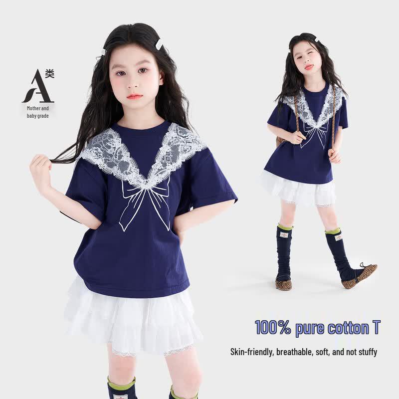 Girls Summer Bowknot 100% Cotton Short Sleeve T-Shirt 140 темно-синий