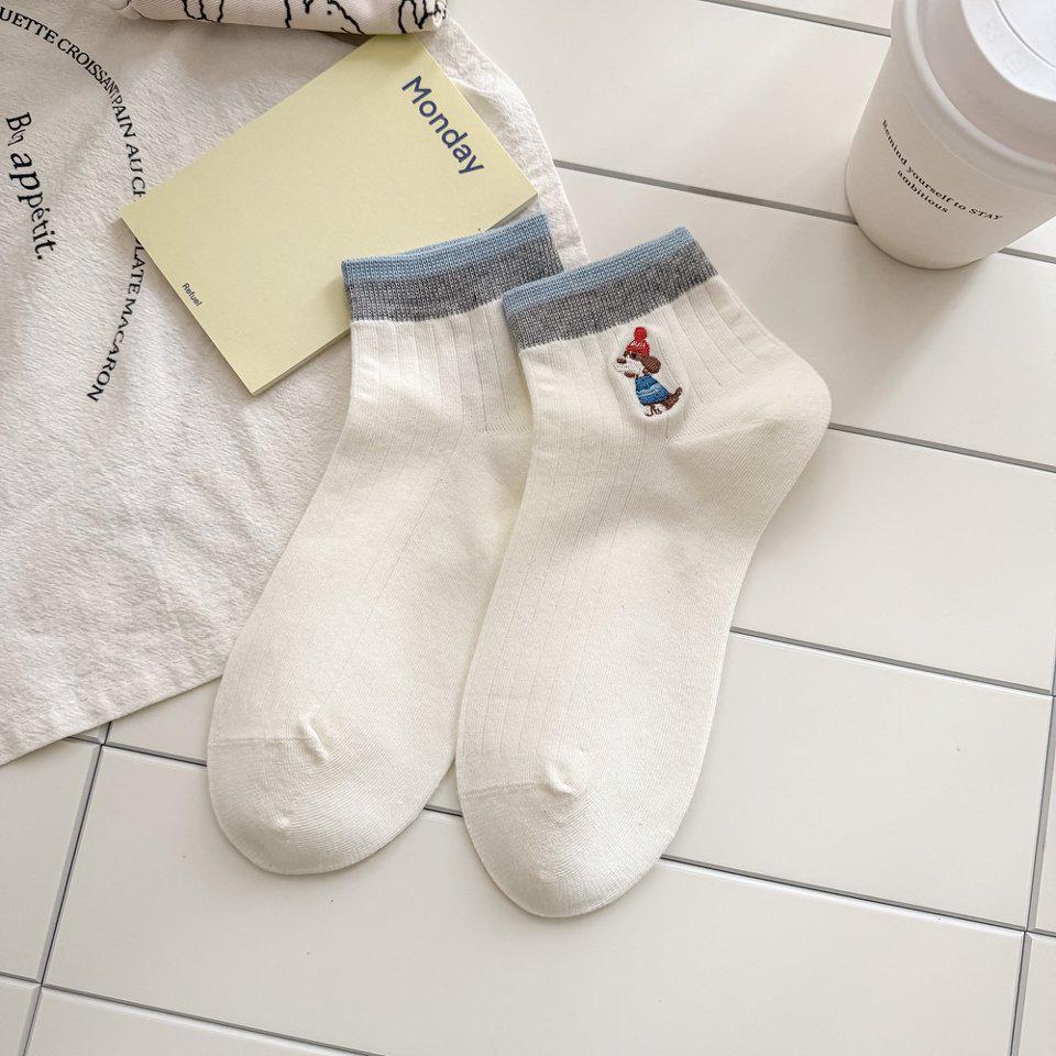 Women's Cute Cartoon Embroidered Ankle Socks - Breathable, Thin, Color Block, Ribbed Cuff for Spring/Summer