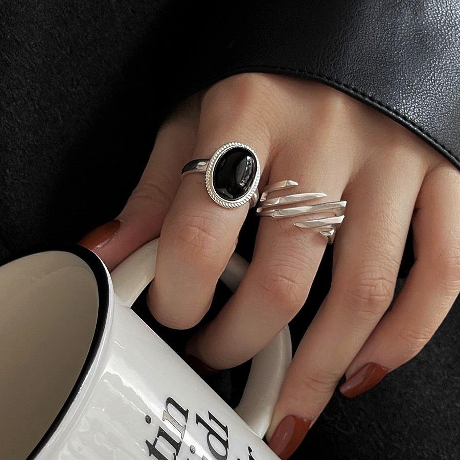 PANJBJ 925 Sterling Silver Geometric Black Stone Rings for Women Girl Korean Simple Adjustable Couple Jewelry Dropshipping