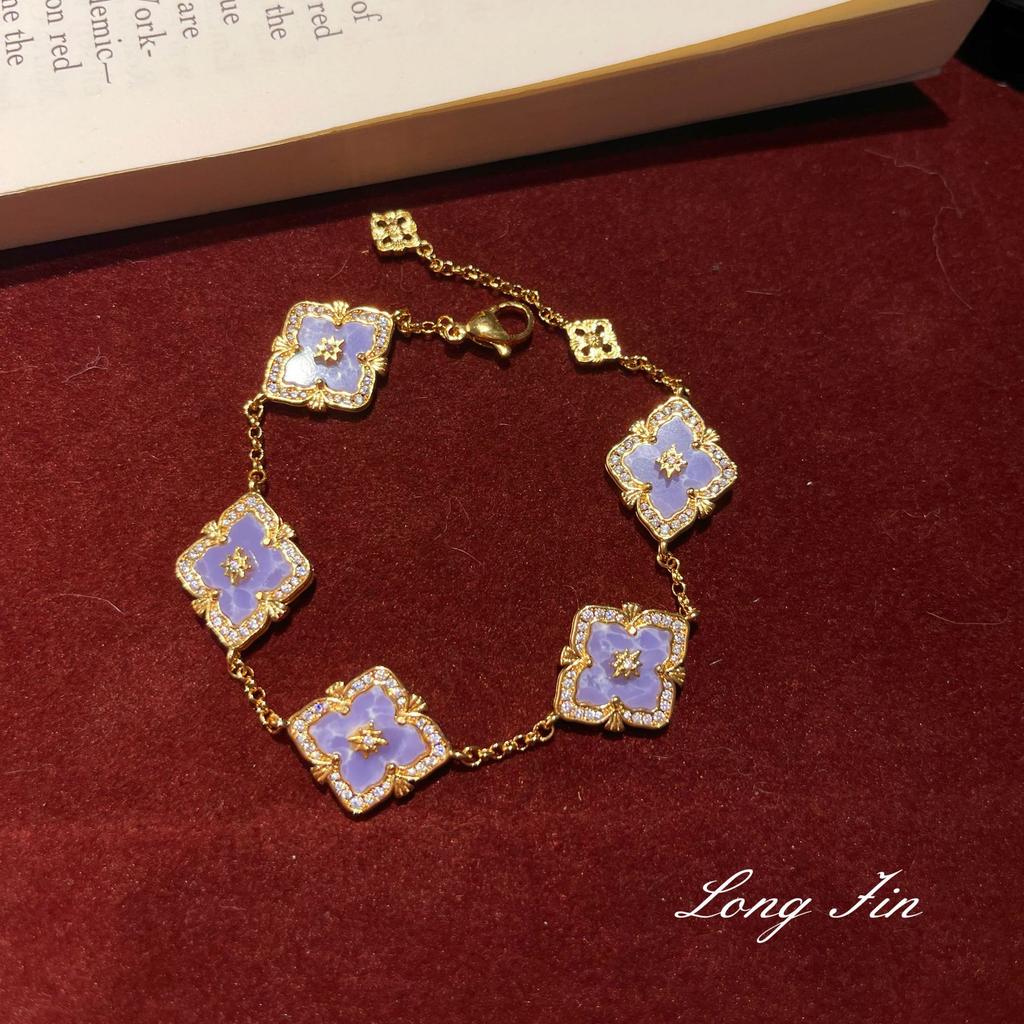 French Retro Raspuche Four-Leaf Clover Blue-Purple Suit, Bracelet Necklace, Earrings, Court Style, Light Luxury And Versatile.
