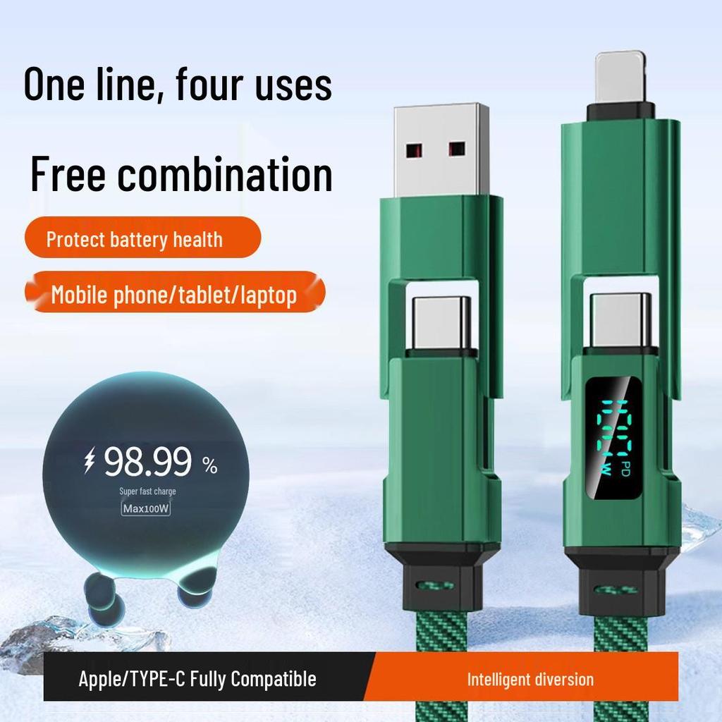 Braided 4-in-1 Fast Charging Cable - Compatible with Phones & Laptops, Includes Digital Display