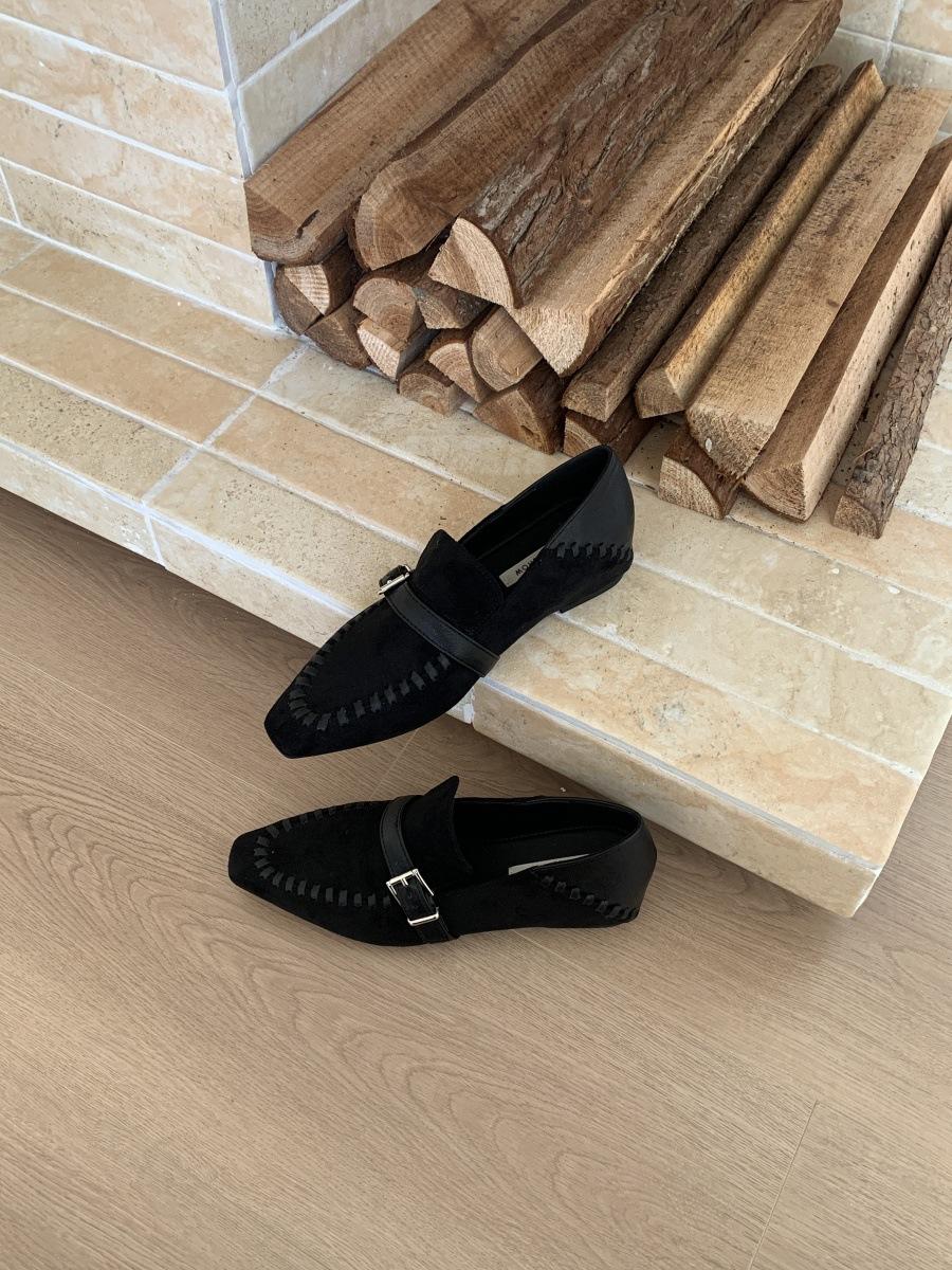 

Retro wisdom! Suede square head woven buckle Doudou shoes women s autumn and Korean version commuter height-increasing single shoes 39 чёрный