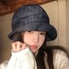 Retro pleated denim bucket hat women's spring and summer thin versatile sunshade basin hat big head circumference showing face small bucket hat