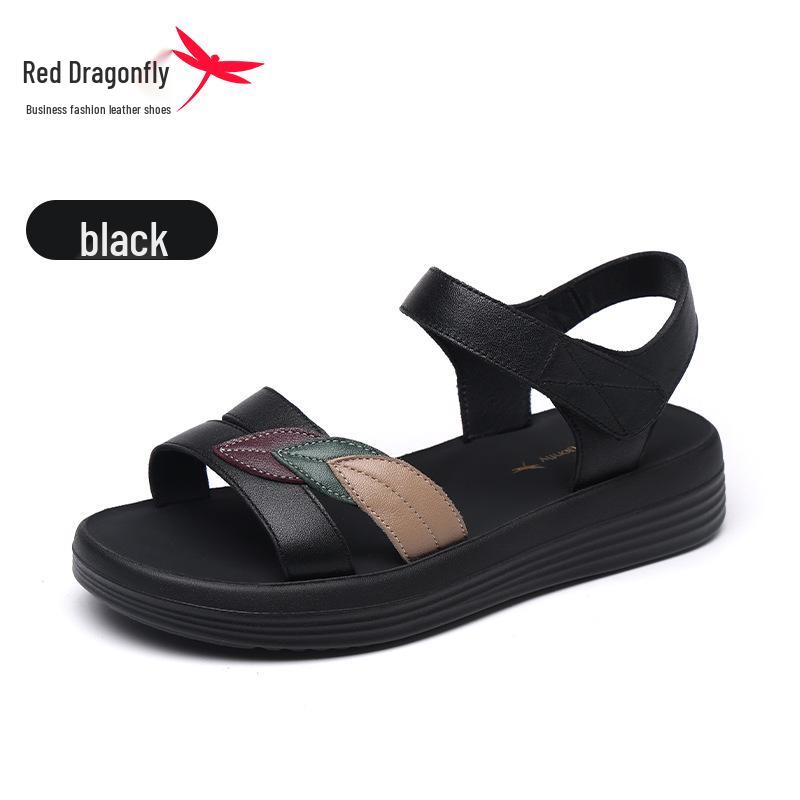 Red Dragonfly Genuine Leather Women s Flat Sandals - Velcro Strap Beach Shoes 35 чёрный