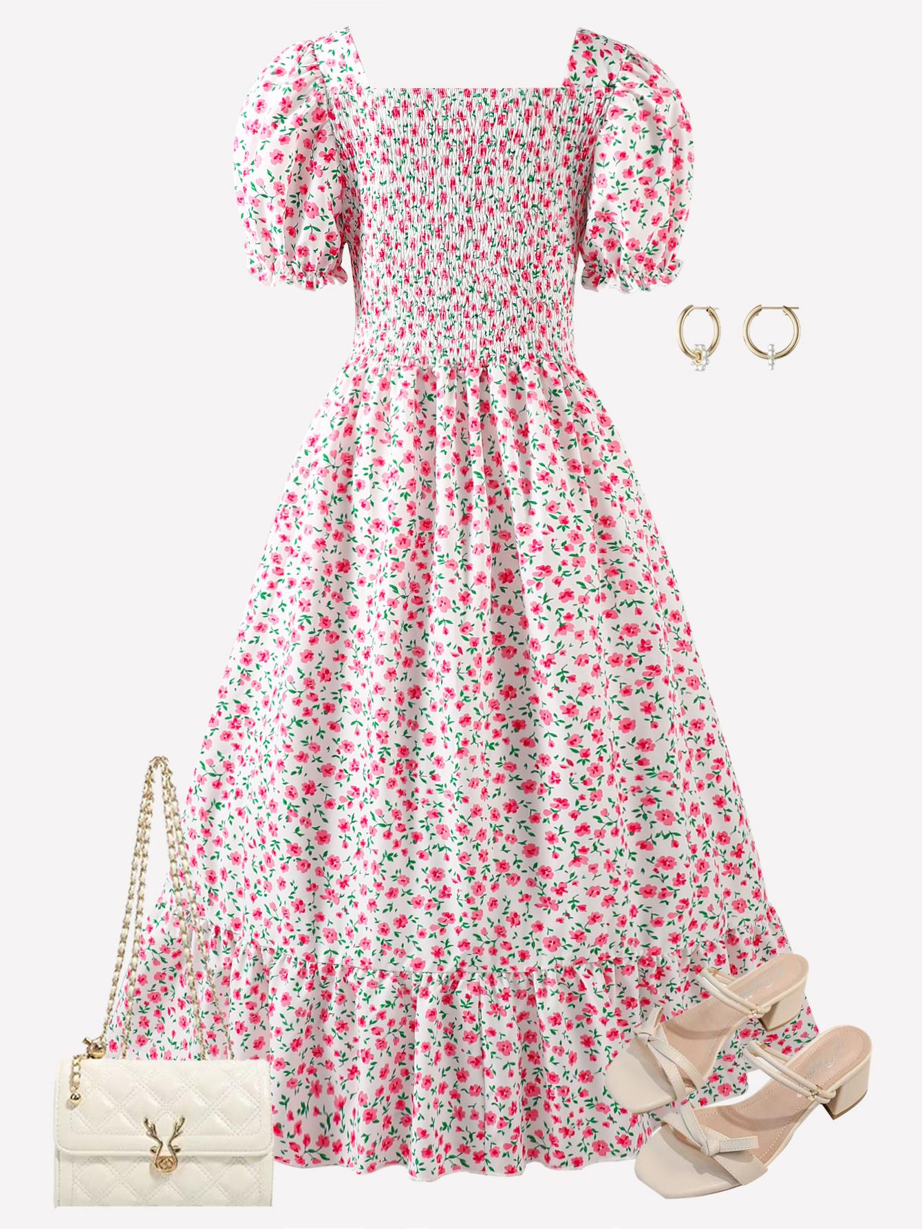 Sweet Coquette Pink Floral Print Dress Square Collar Short Puff Sleeve Elastic Waist Long Beach Dress YW00014A-13Y розовый гвоздики