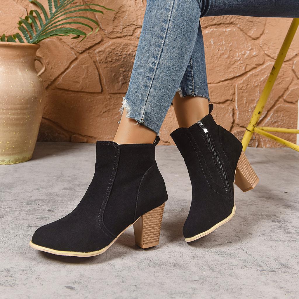 Winter  Comfortable Banquet High Heel Women's Boots Fashion New Round Toe Elegant Casual Thick Heel Short Boots Comfortable Soft Sole Non Slip Design
