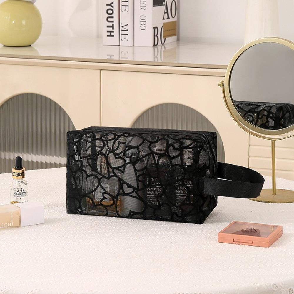 Fashion Portable Cosmetics Storage Bag Mesh Heart Makeup Bag Toiletries Bag Women