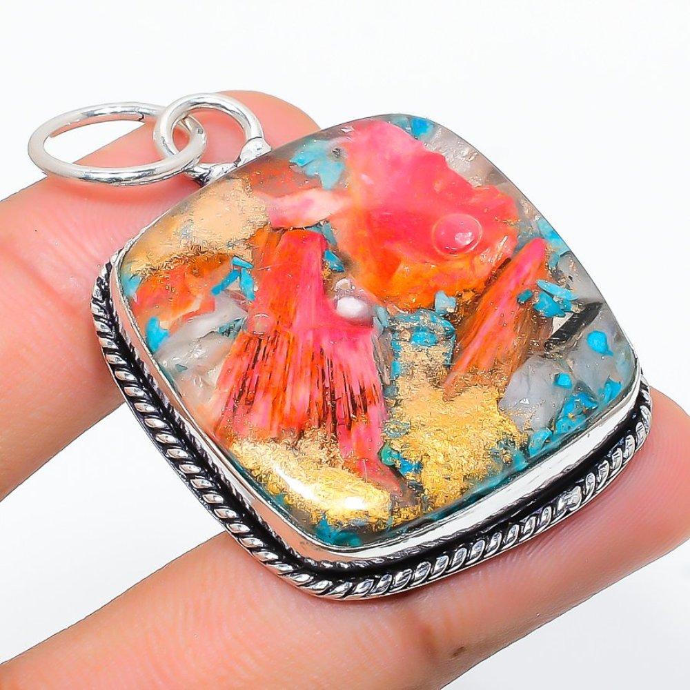 Natural Spiny Oyster Gemstone Handmade 925 Sterling Silver Pendant 2.05" F1M41