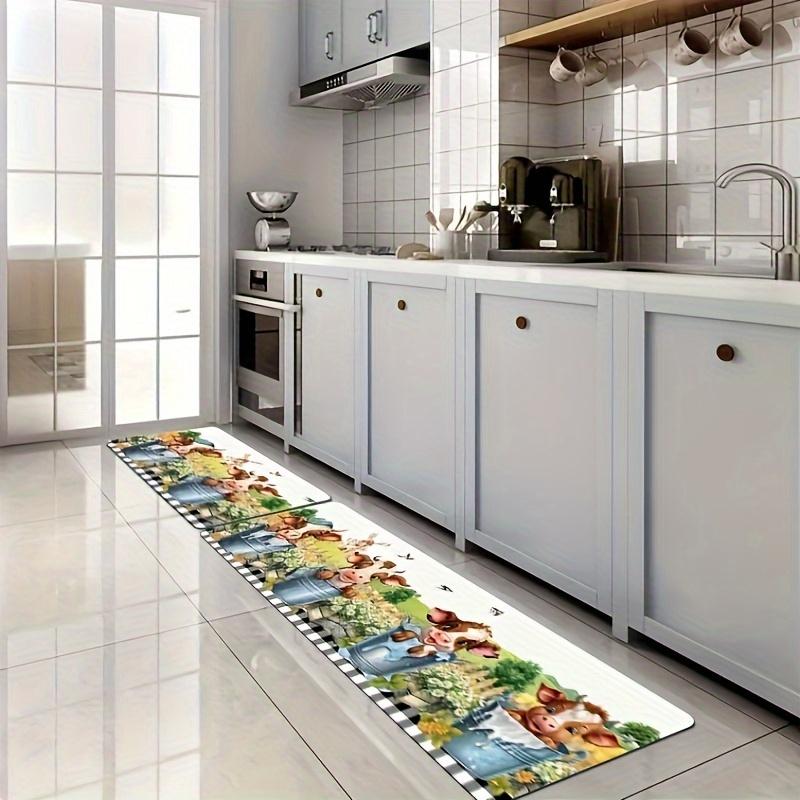 1 Stück Küchenmatte mit Aquarell-Farm, süße Kuh und Sonnenblume, bedruckt, weich, verdickt, wasserdicht, rutschfest, ölbeständig, Bodenmatte, Läufer, Teppich