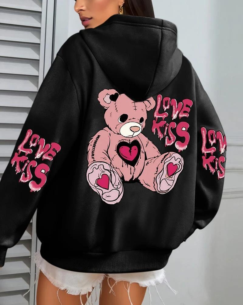 Women's Pink Love Kiss Letter Print Hoodie - Autumn Casual Loose Fit Fleece Pullover with Pocket.
