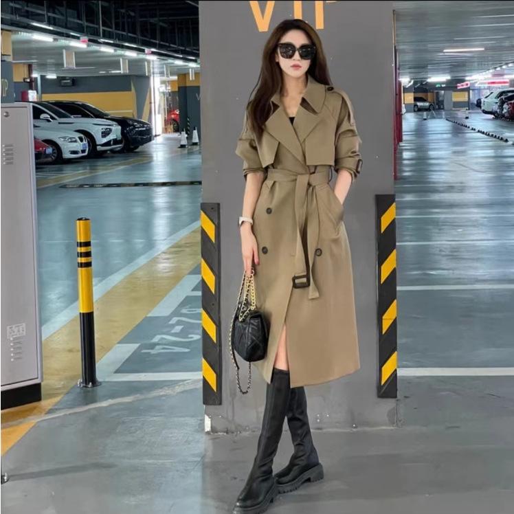 Women's 2025 Spring/Autumn French Trench Coat: British Style, Double-Breasted, Over-the-Knee, Mid-Length, Loose Fit