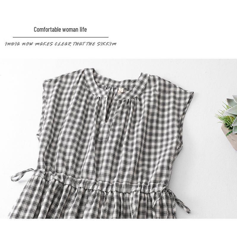 2026 Women's Black & White Plaid Drawstring V-Neck Cotton Sleeveless A-line Summer Dress