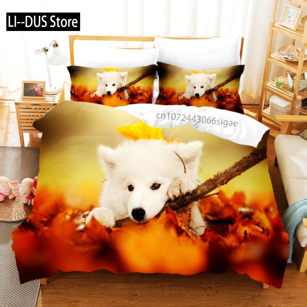 Cute White Dogs Bedding Set Lovely Puppy Husky Comforter Set King Queen Size Duvet Cover Set With Pillowcase Bed Linen For Girls