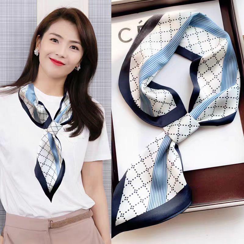 Printed spring new ear silk scarf Korean version double-sided small ear scarf interspersed with streamer women's versatile neck protector