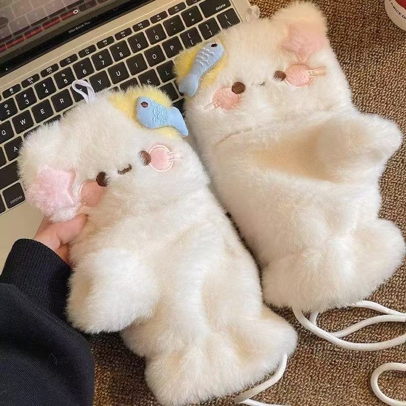 Cute Cartoon Cat Plush Gloves for Girls Winter Flip Cover Half-finger Touch Screen Thickened Warm and Adorable Riding Gloves New
