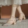 Women Shiny Crystal High Heels Pumps Shoes 2025 New Summer Ankle Straps Thick Heeled Sandal Woman Pointed Toe Party Dress Shoes