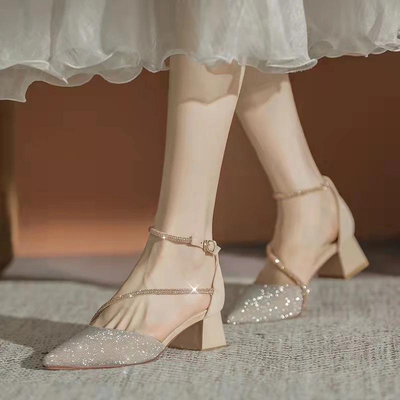 Women Shiny Crystal High Heels Pumps Shoes 2025 New Summer Ankle Straps Thick Heeled Sandal Woman Pointed Toe Party Dress Shoes
