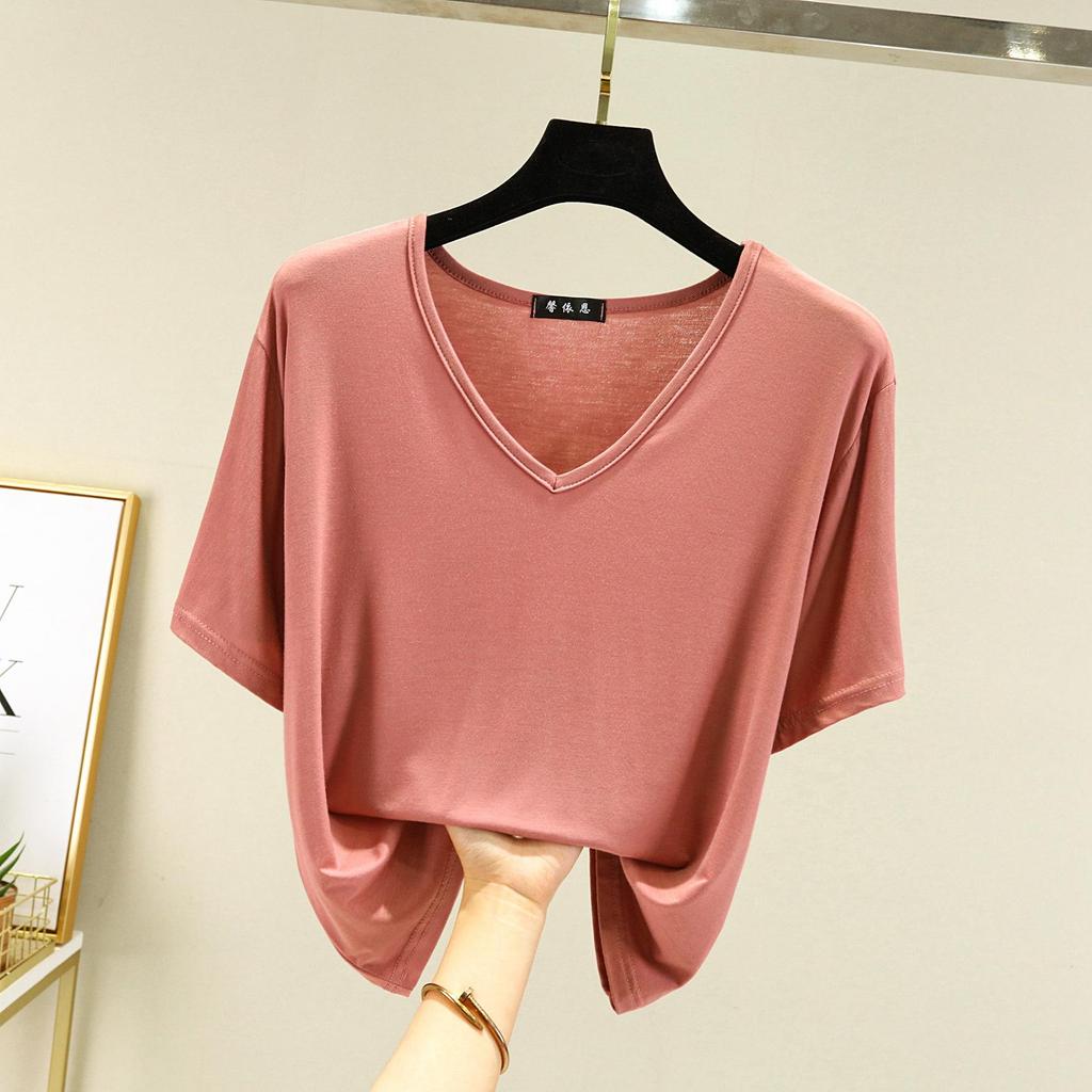 T-shirt da donna Modal scollo a V Maniche corte Top T-shirt casual estive Tinta unita T-shirt basic allentate
