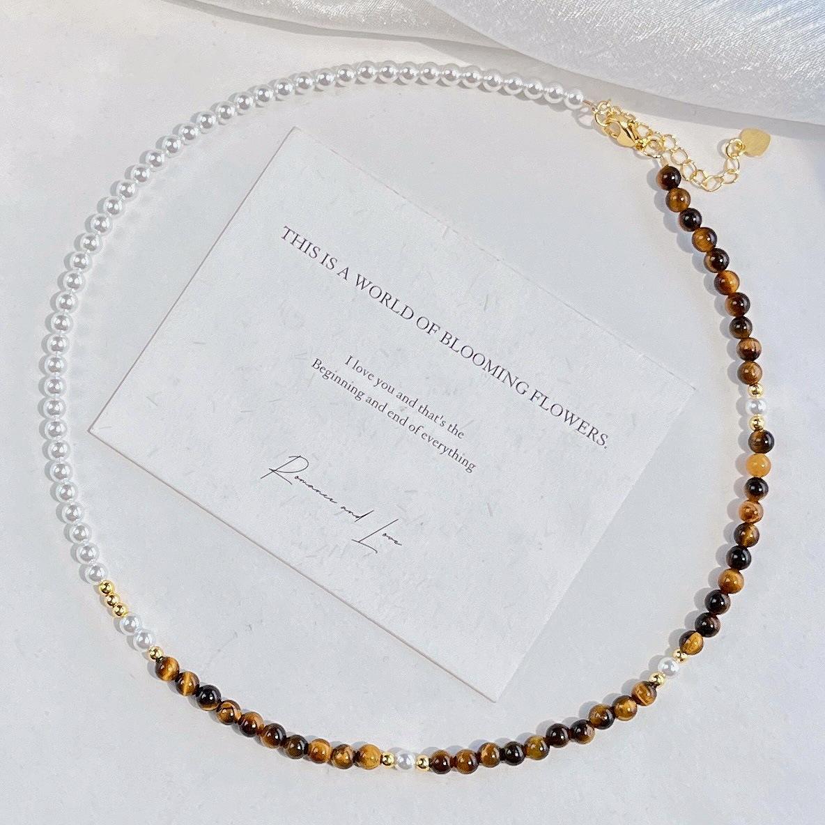 High Quality Natural Tiger S Eye Stone High-Gloss Artificial Crystal Necklace Contrasting Color Necklace Collarbone Chain