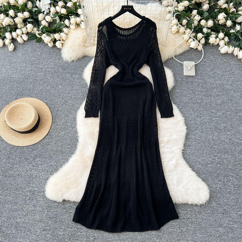 Korean Hollow Crochet Knitted Dress Women's Waist and Thin Long-sleeved Skirt with Bottom Suspender Skirt Two-piece Set