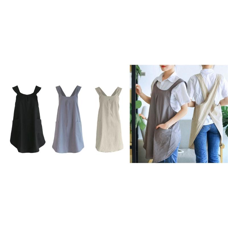 Women Cotton Linen Cross Back Apron with Pocket Simple Pattern Cotton Apron Comfortable Cotton Apron for Women Girl