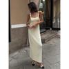 Summer New Knitted Square Neck Pleated Slip Dress, Casual Lazy Vacation Sundress for Women, European & American Style
