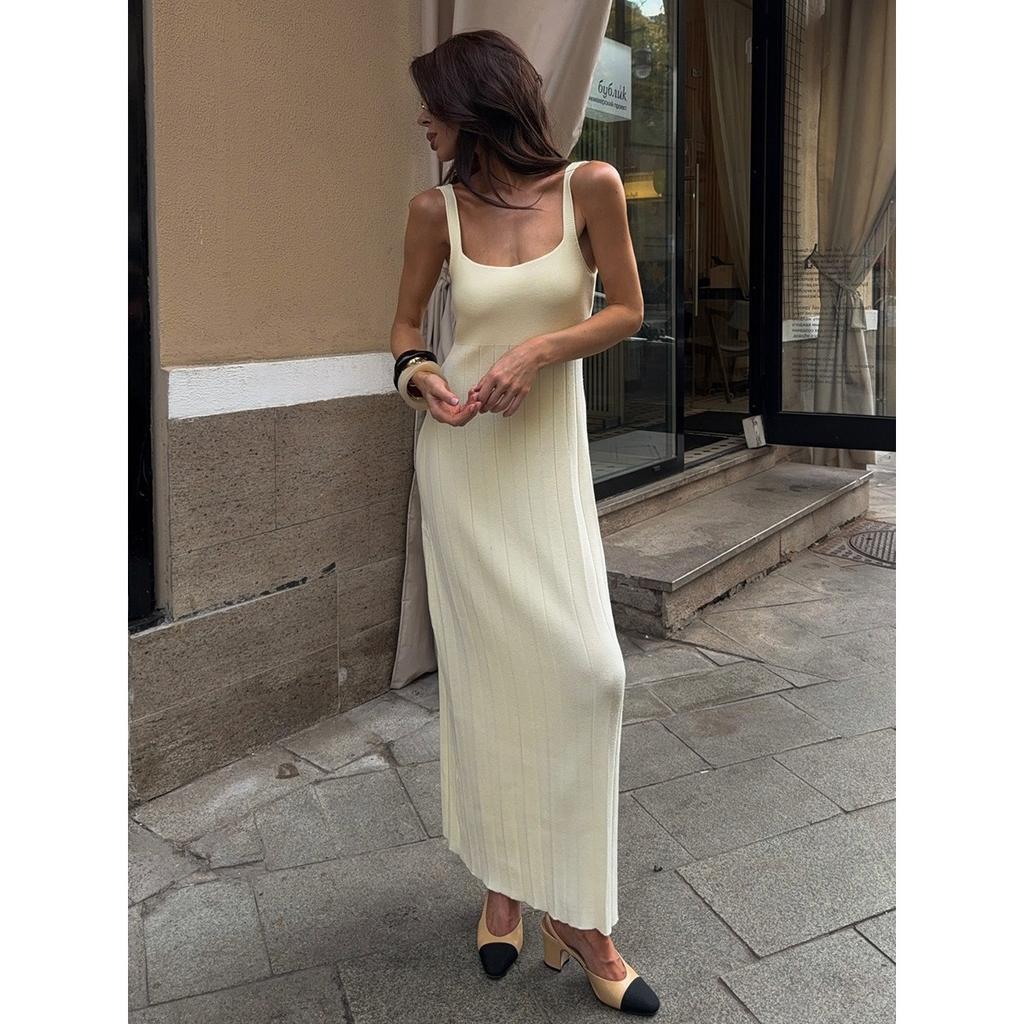 Summer New Knitted Square Neck Pleated Slip Dress, Casual Lazy Vacation Sundress for Women, European & American Style