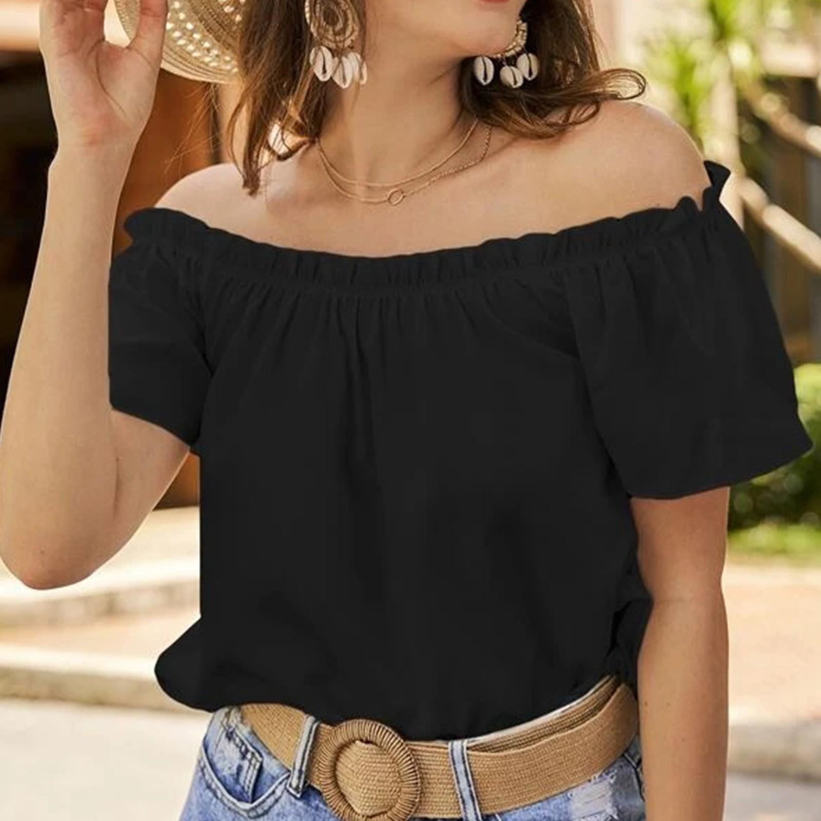 

Женская летняя повседневная рубашка с открытыми плечами и оборками, короткий рукав L чёрный