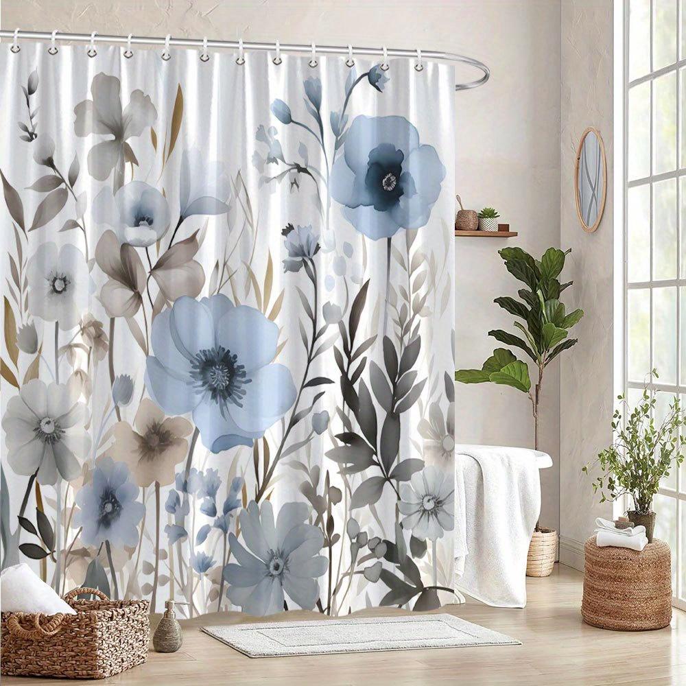 1 Elegant Blue And White Floral Shower Curtain - Polyester Fabric, Watercolor Style Delicate Blooming Flowers With Hook