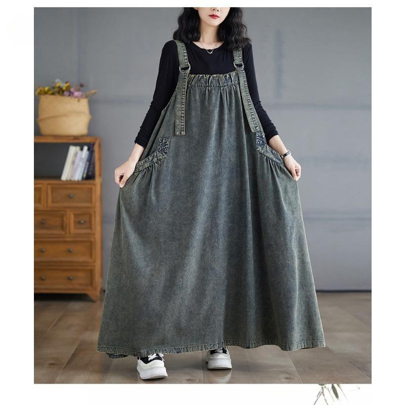 Women's Summer Denim Sundress Suspenders Sleeveless Baggy Denim Dress Casual Plus Size Midi Sundress