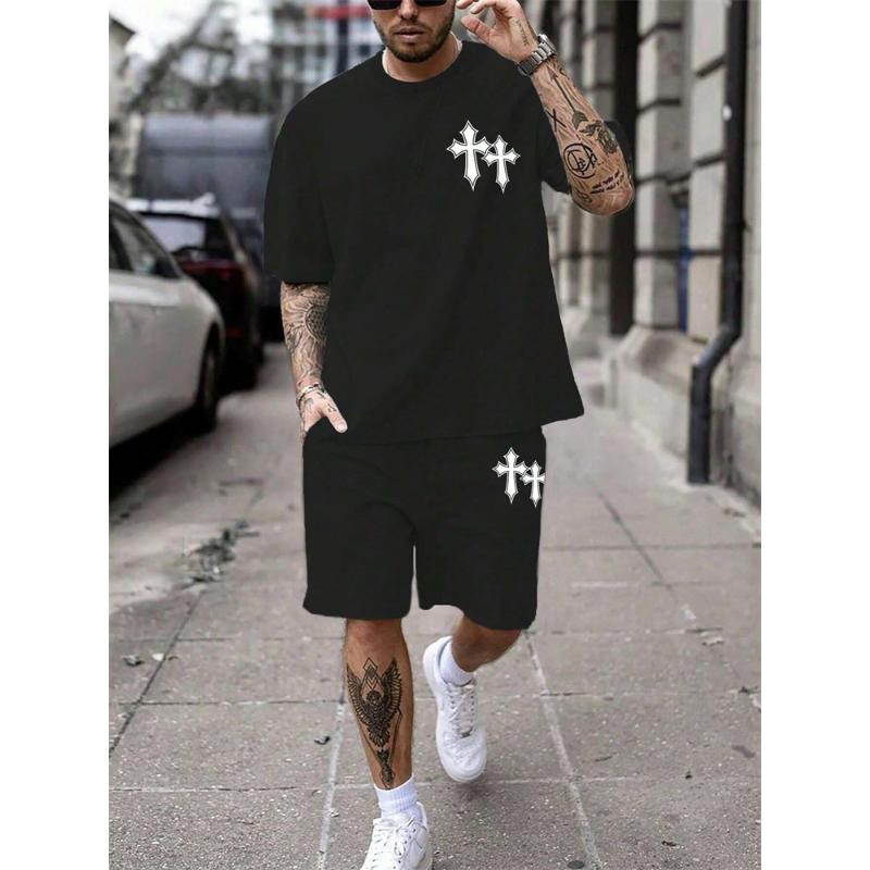 Męski Letni Zestaw Krótkich Spodenek z Krótkim Rękawem z Nadrukiem Krzyża Casualowy Modny Temperament 2-częściowy Streetowy Sesja Wakacyjny Zestaw T-shirtu z Okrągłym Dekoltem