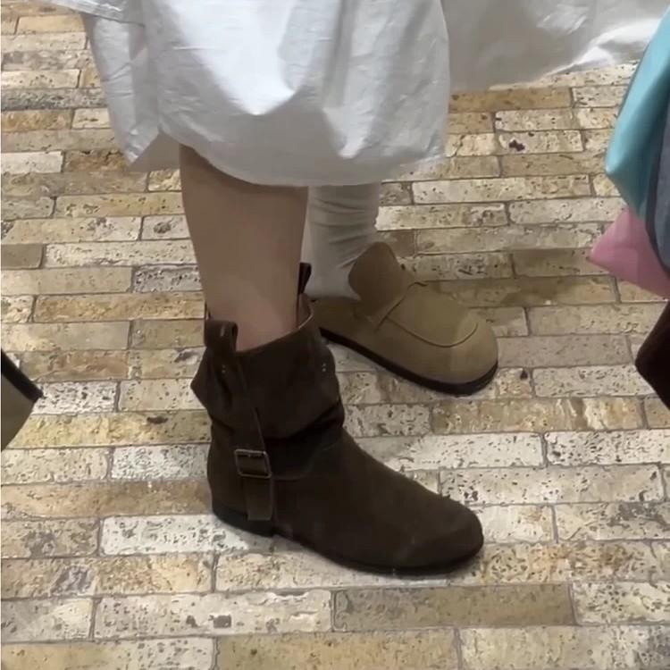 Sheepskin Version~ Korean Pleated Piled Boots Round Head Flat Bottom Western Cowboy Boots Women's New Martin Boots Short Boots