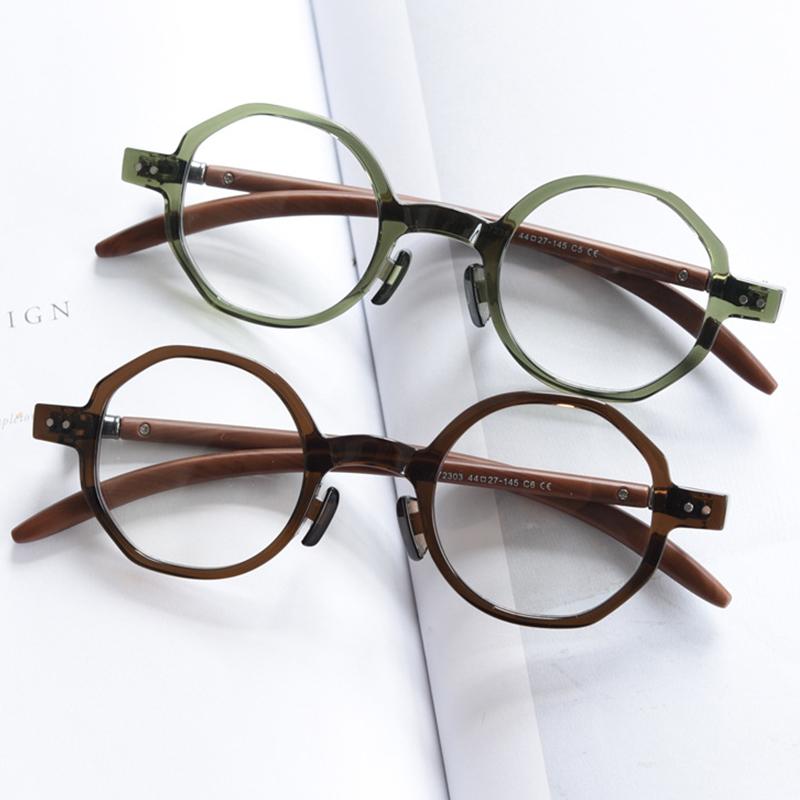 Vintage Round Anti Blue Light Reading Glasses Men Women Fashion Polygon Wood Grain Small Frame Lightweight Eyeglasses Plus +2 +5