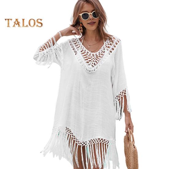 Beach Cover Up Dress V-Neck Woven Hollow Neckline Fringed Cuffs Hem Bikini Cover Up UV Protection Beach Dress