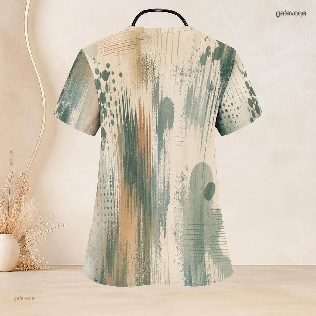 Women Plus Size Printed Nurse Scrub Top V Neck Short Sleeve Green Beige With Front Pockets